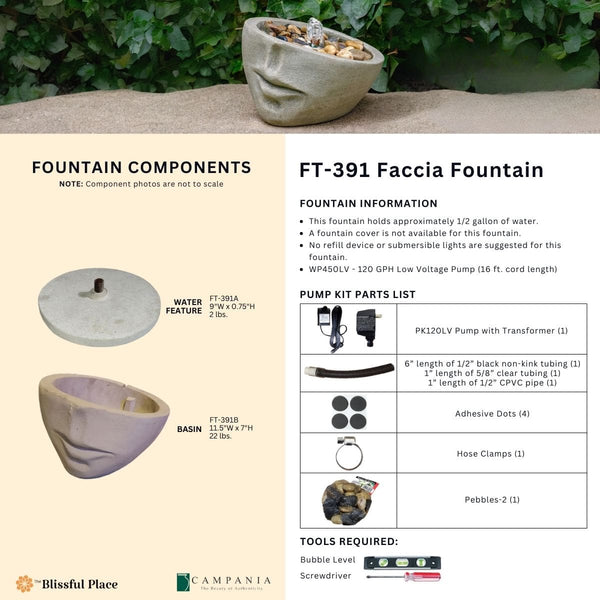 Complete overview of the Faccia Fountain with dimensions, weights, pump kit parts, tools, and general info.
