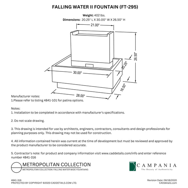 CAD drawing of the Falling Water 2 Fountain with dimensions, weight, and manufacturer notes.