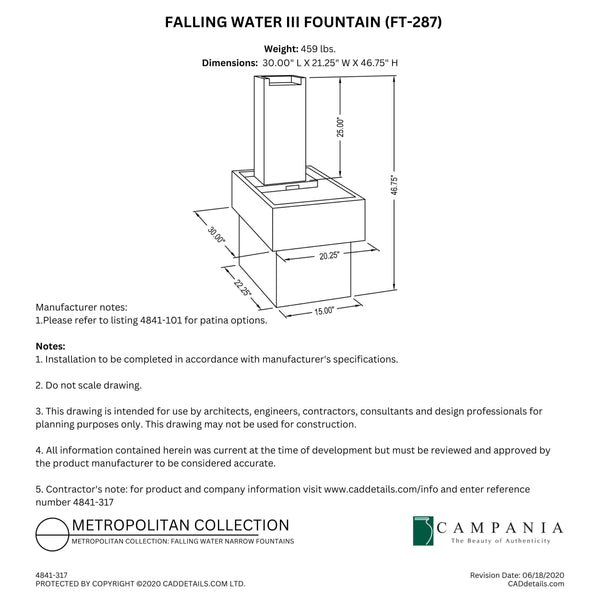 CAD drawing of the Falling Water 3 Fountain with dimensions, weight, and manufacturer notes.