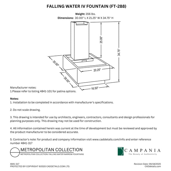 CAD drawing of the Falling Water 4 Fountain with dimensions, weight, and manufacturer notes.