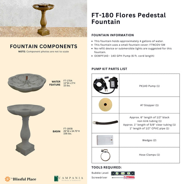 Complete overview of the Flores Pedestal Fountain with dimensions, weights, pump kit parts, tools, and general info.
