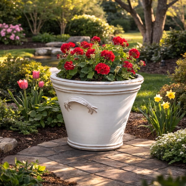 Fluted Handle Planter Set of 3 filled with red flowers  in the backyard.
