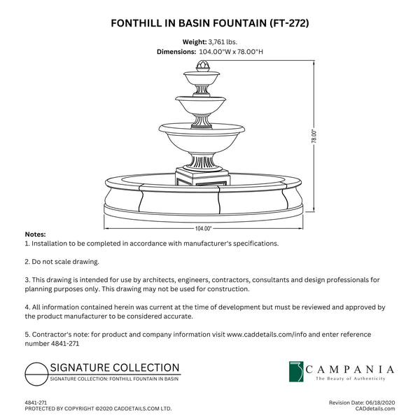 CAD drawing of the Fonthill Fountain in Basin with dimensions, weight, and manufacturer notes.