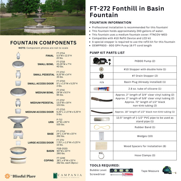 Complete overview of the Fonthill Fountain in Basin with dimensions, weights, pump kit parts, tools, and general info.