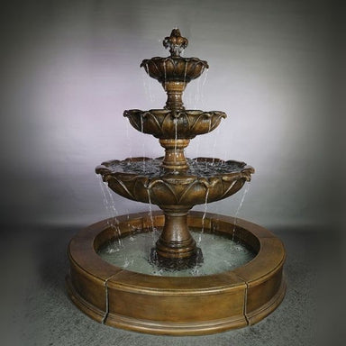 Gardenia Three Tier Fountain with Easy Pond against gray background.