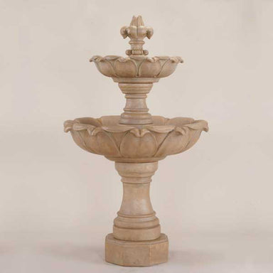 Gardenia Two Tier Fountain against brown background.