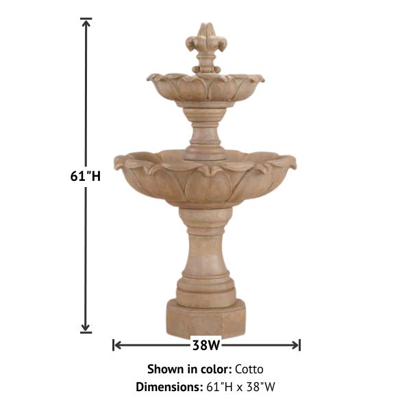 Gardenia Two Tier Fountain against white background with product details.