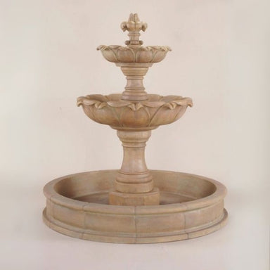 Giannini Garden Gardenia Two Tier Pond Fountain against brown background.