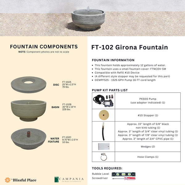 Complete overview of the Girona Fountain with dimensions, weights, pump kit parts, tools, and general info.
