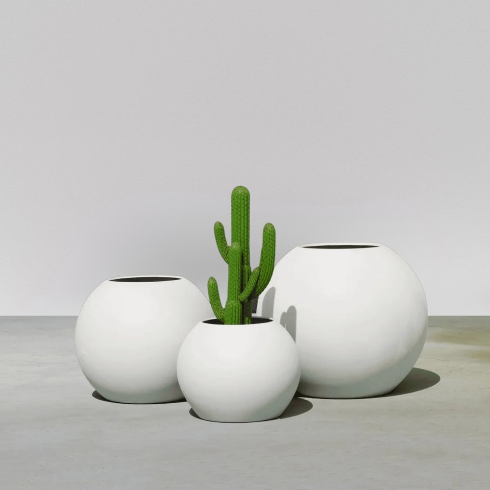 Globe Fiberglass Planter filled with plants shown with different sizes.