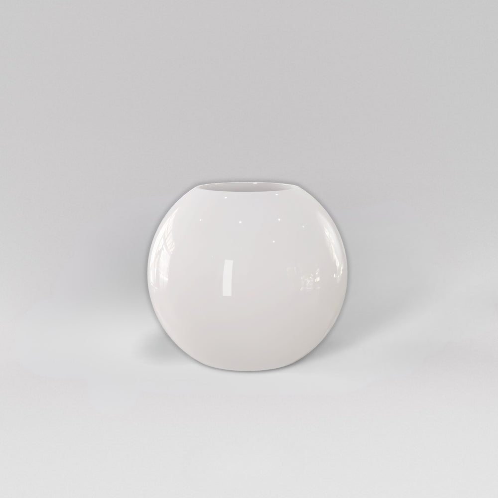 Globe Fiberglass Planter in gloss bright white against gray background.