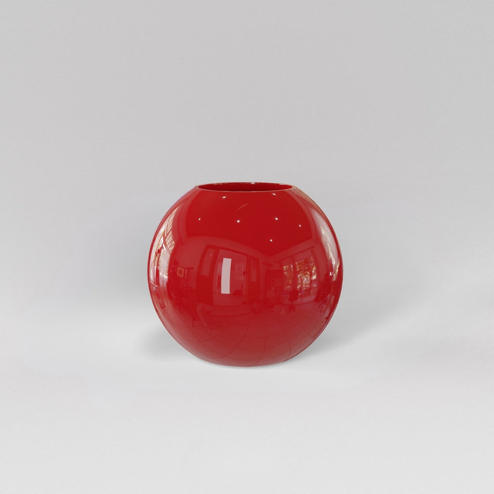 Globe Fiberglass Planter in gloss red against gray background.