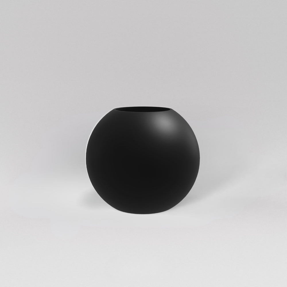 Globe Fiberglass Planter in matte black against gray background.