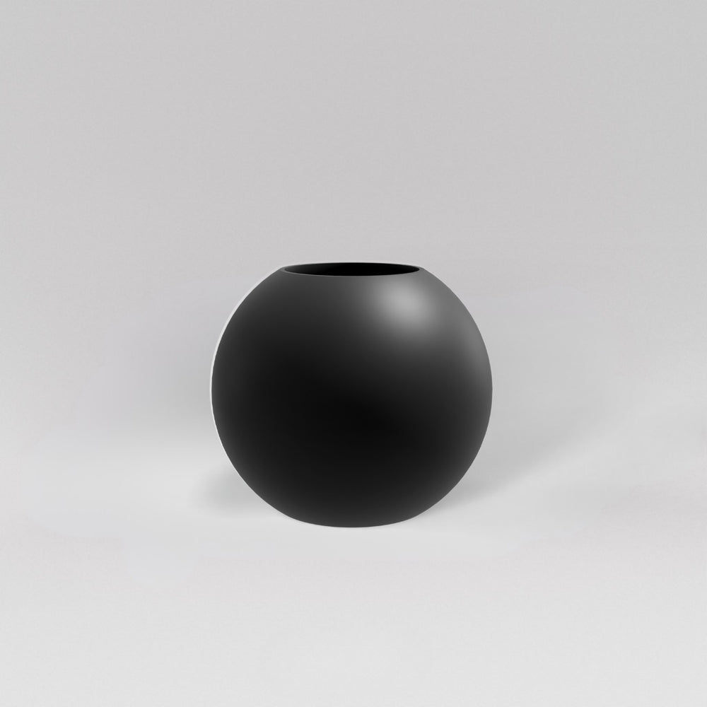 Globe Fiberglass Planter in matte charcoal against gray background.