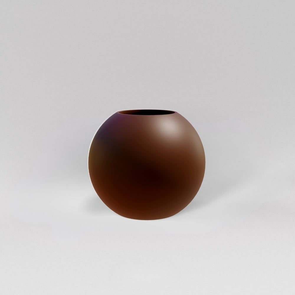 Globe Fiberglass Planter in matte dark brown against gray background.