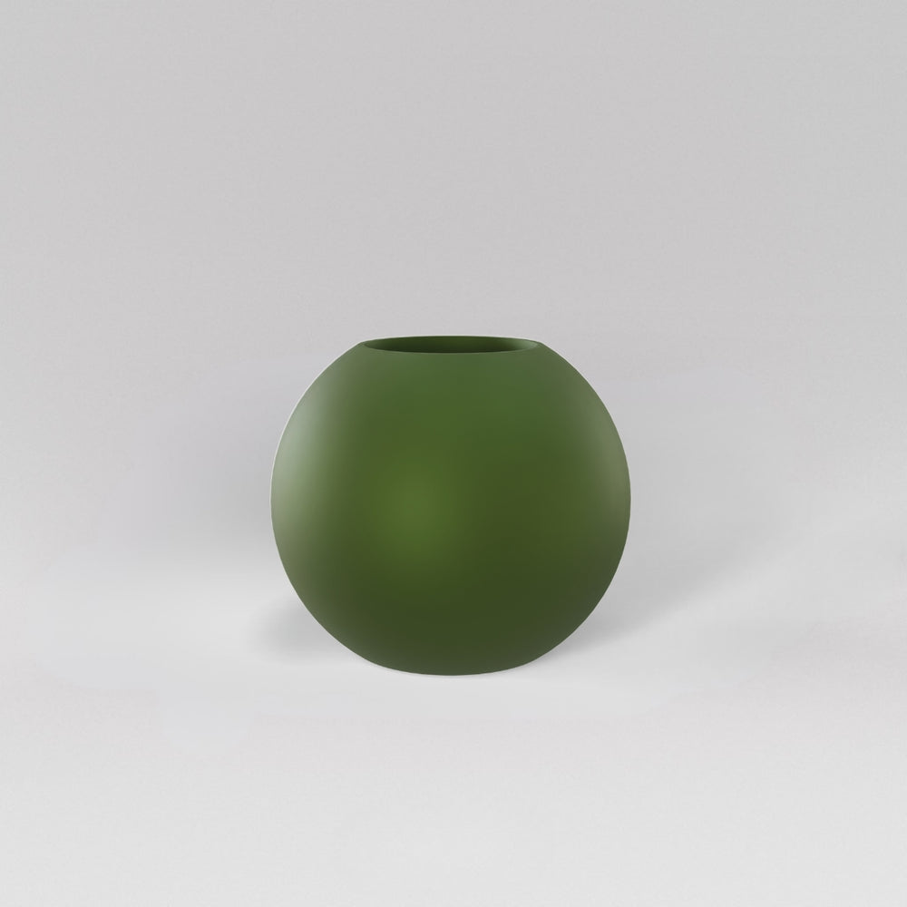 Globe Fiberglass Planter in satin green against gray background.