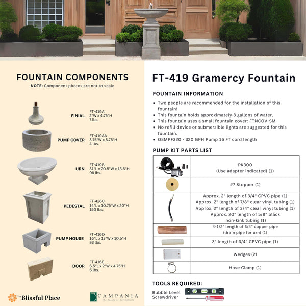 Complete overview of the Gramercy Fountain with dimensions, weights, pump kit parts, tools, and general info.