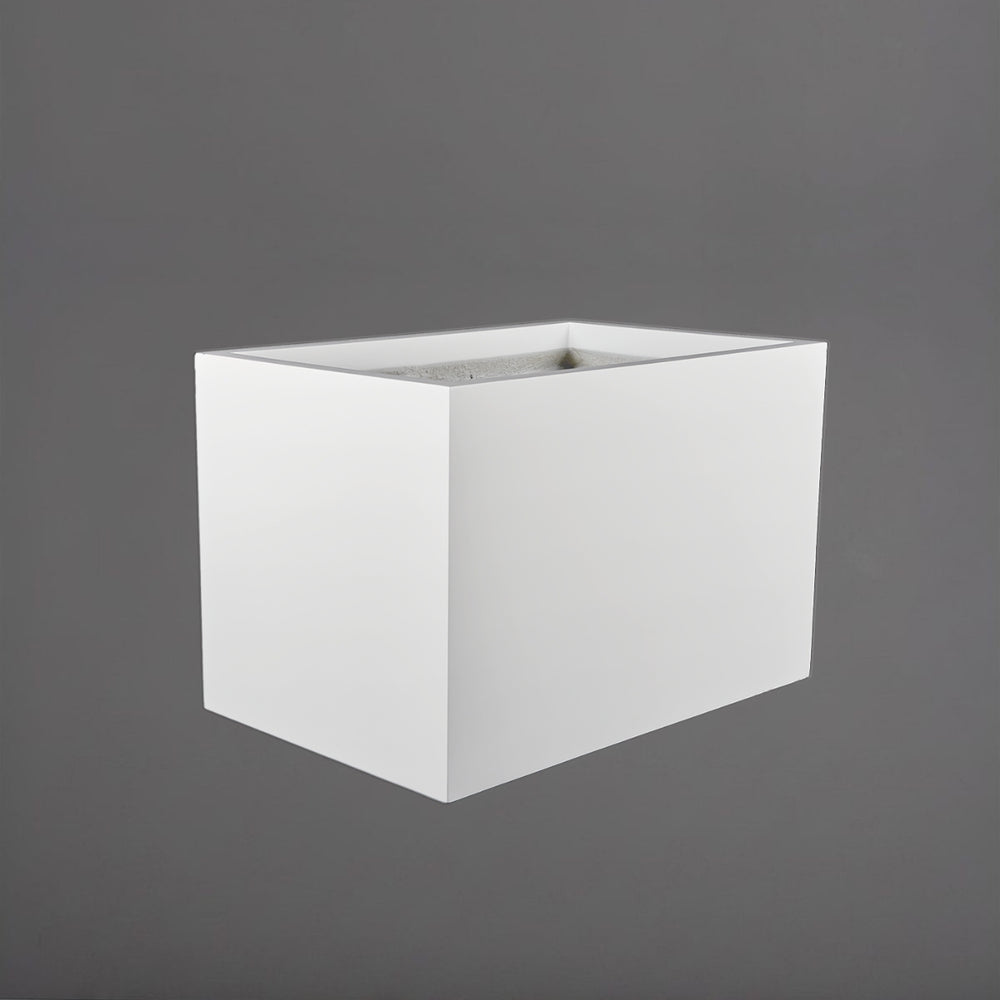 Granada Wide Rectangle Fiberglass Planter in gloss bright white against gray background.