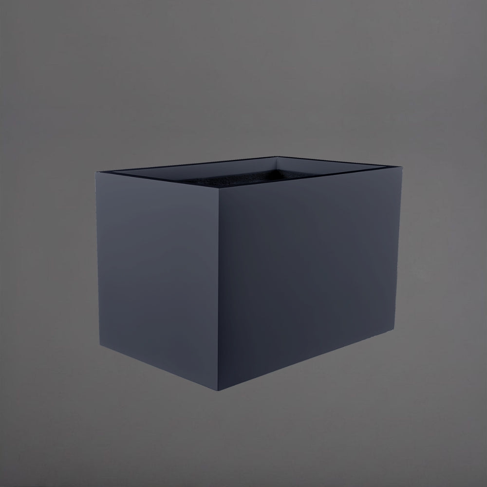Granada Wide Rectangle Fiberglass Planter in matte charcoal against gray background.