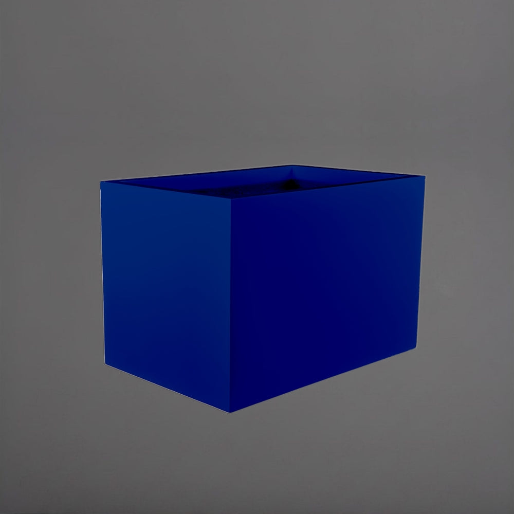 Granada Wide Rectangle Fiberglass Planter in matte cobalt blue against gray background.