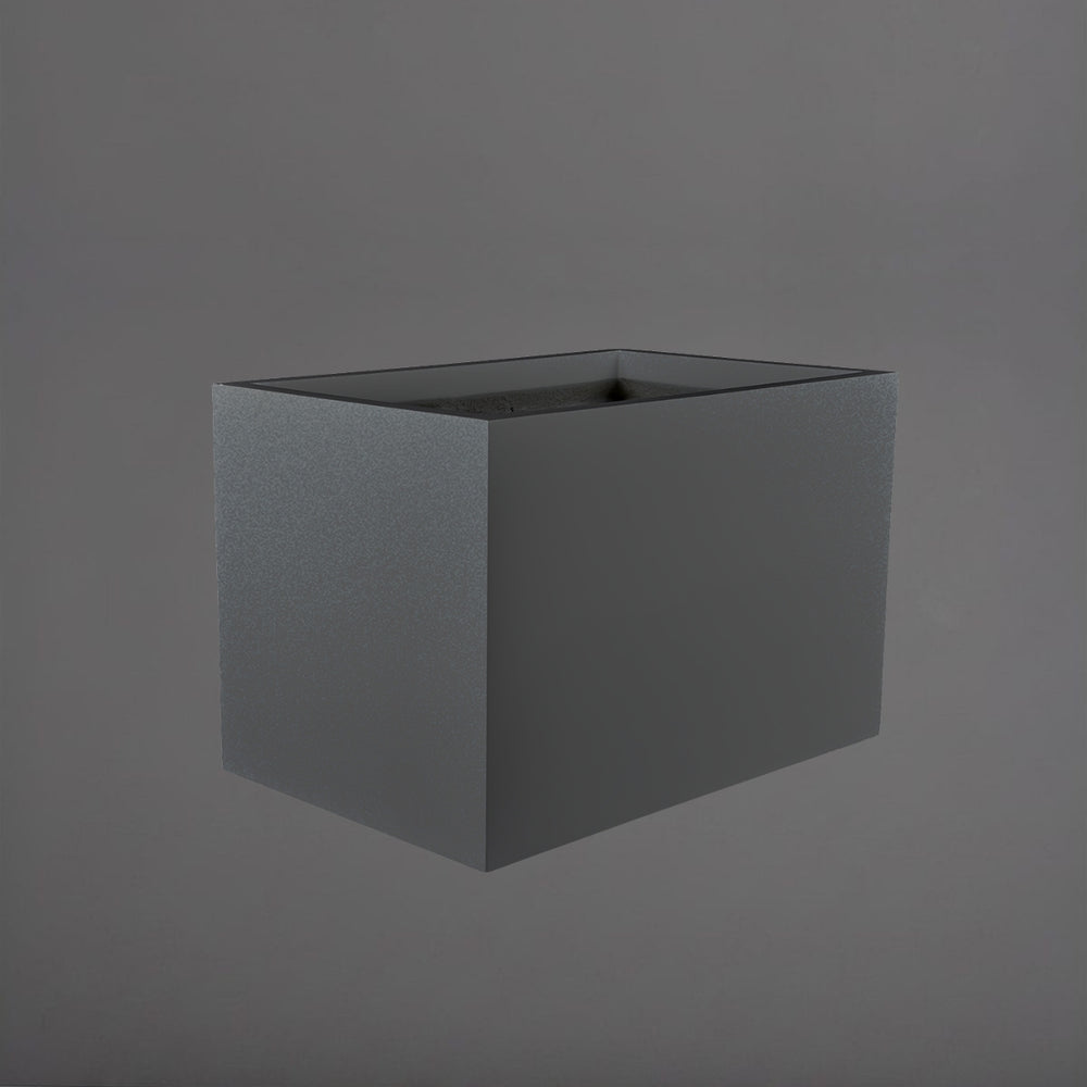 Granada Wide Rectangle Fiberglass Planter in matte gunmetal against gray background.