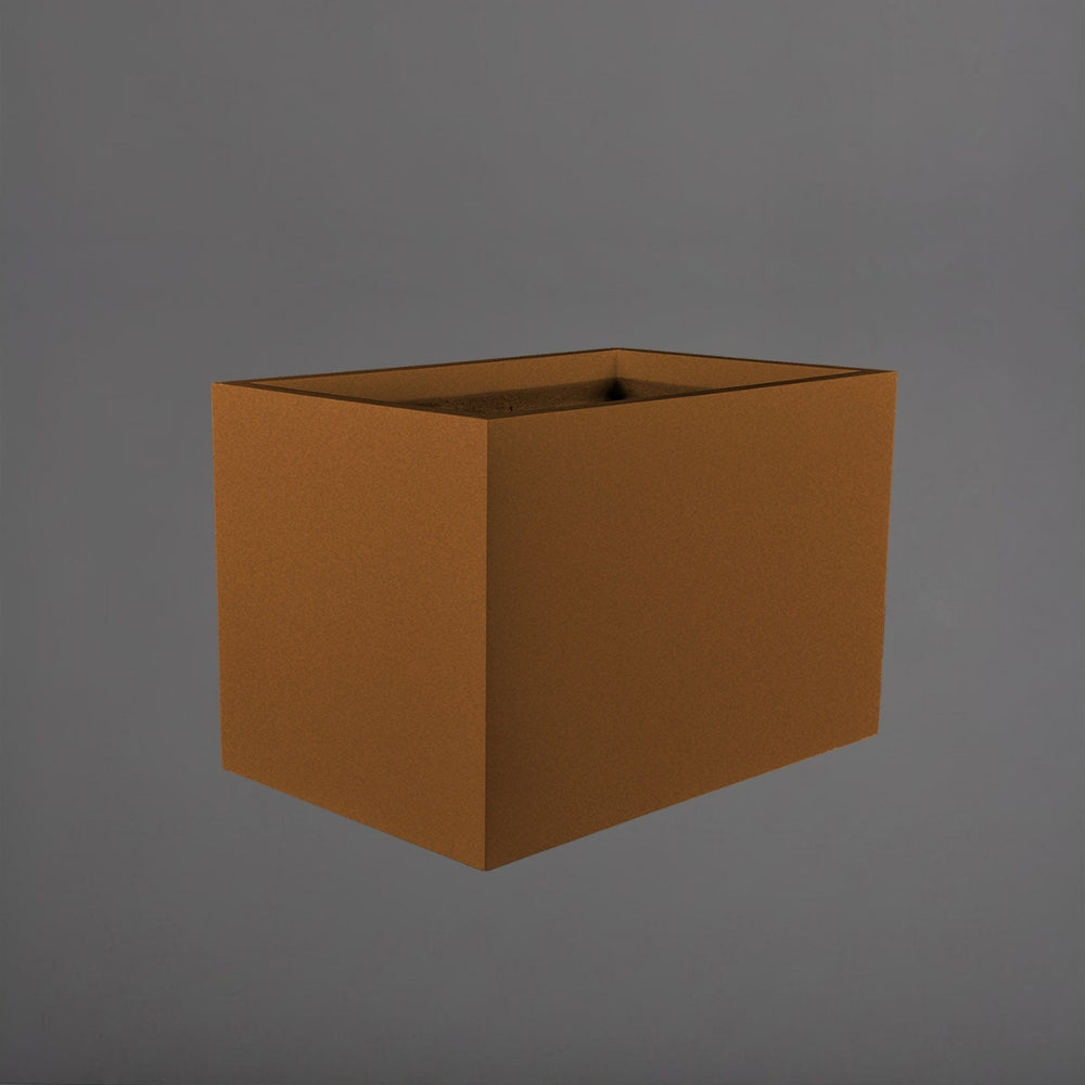 Granada Wide Rectangle Fiberglass Planter in metallic bronze against gray background.