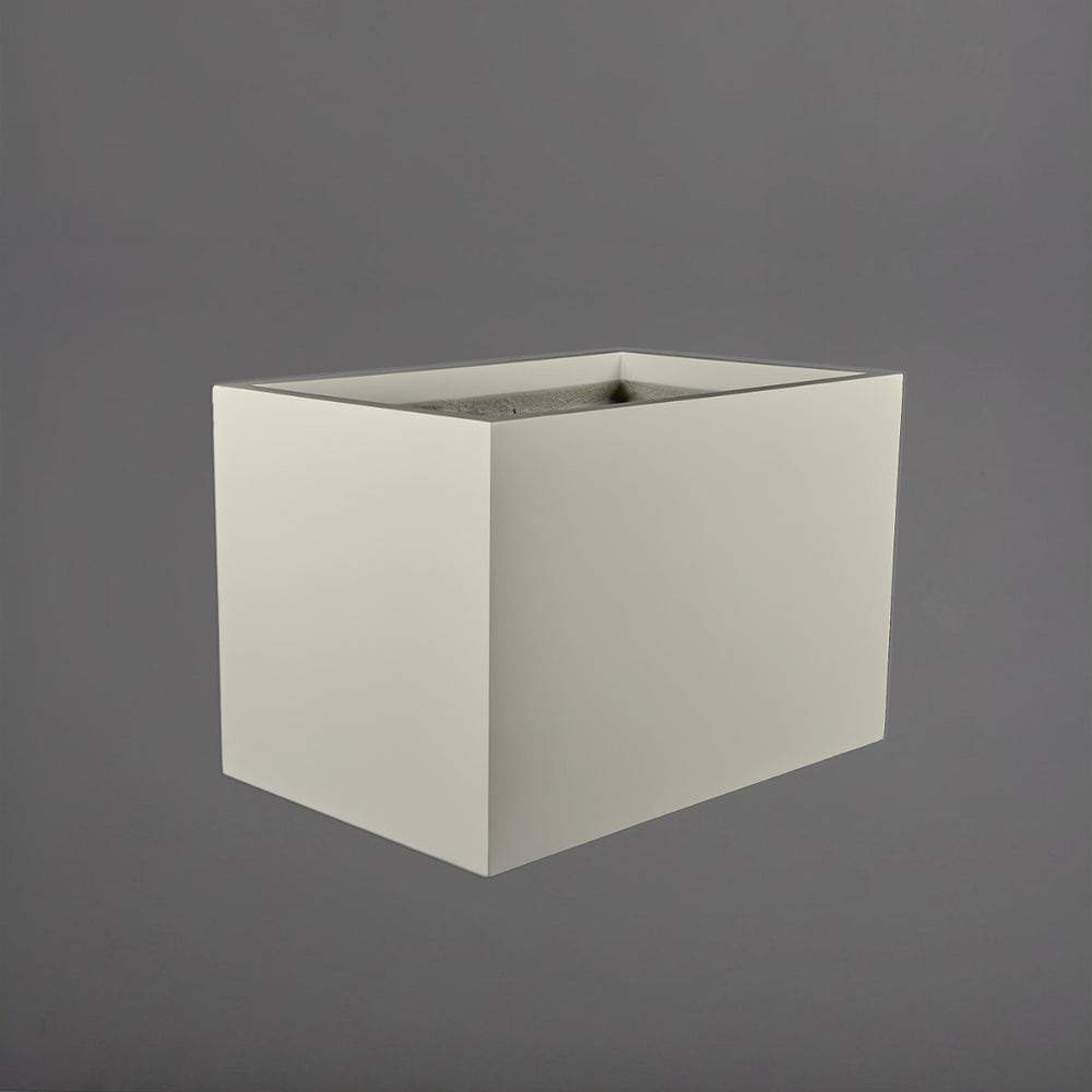 Granada Wide Rectangle Fiberglass Planter in satin beige against gray background.