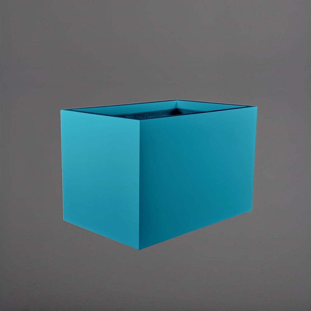 Granada Wide Rectangle Fiberglass Planter in satin seafoam green against gray background.