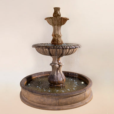 Grandis Calanthia Two Tier Pond Fountain against brown background.