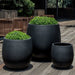 Guilford Planter, Small in onyx black lite on concrete filled with plants.
