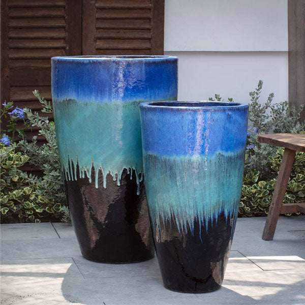 Havana Planter - Running Blue Brown - S/2 on concrete in the backyard