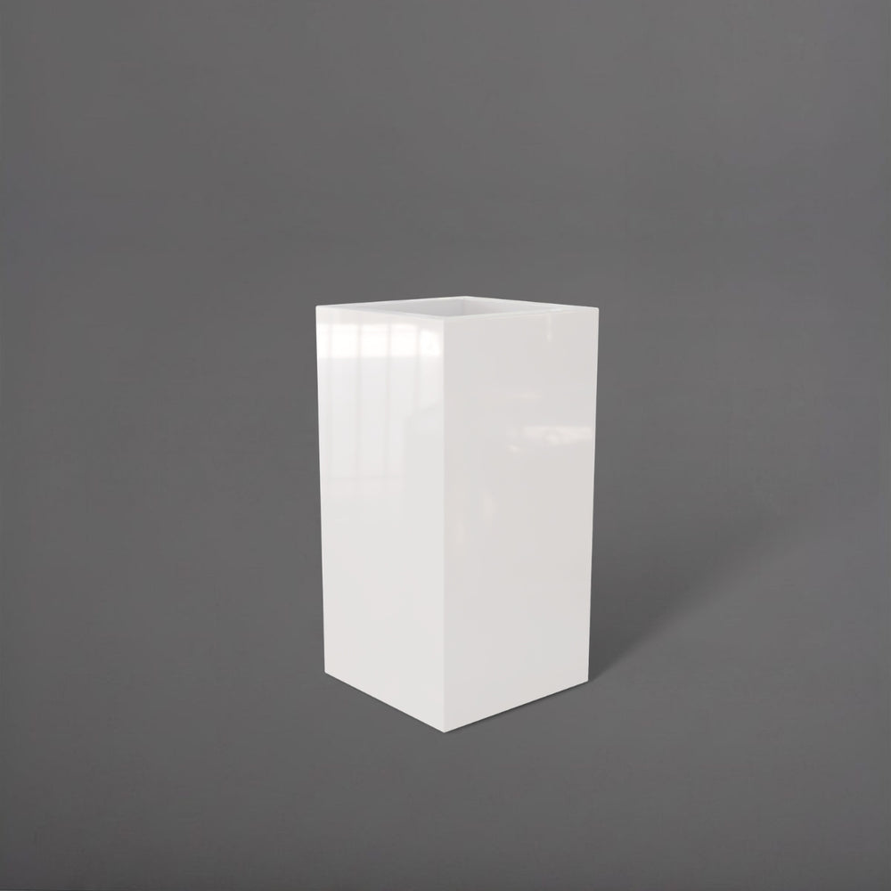 Hollywood Corner Fiberglass Planter in gloss bright white against gray background.