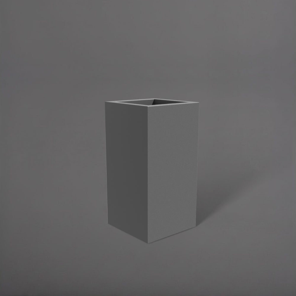 Hollywood Corner Fiberglass Planter in matte gunmetal against gray background.