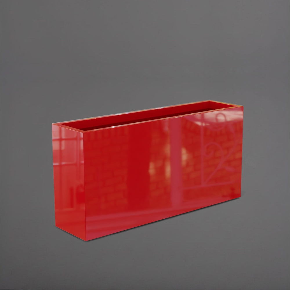 Hollywood Rectangle Fiberglass Planter in gloss red against gray background.