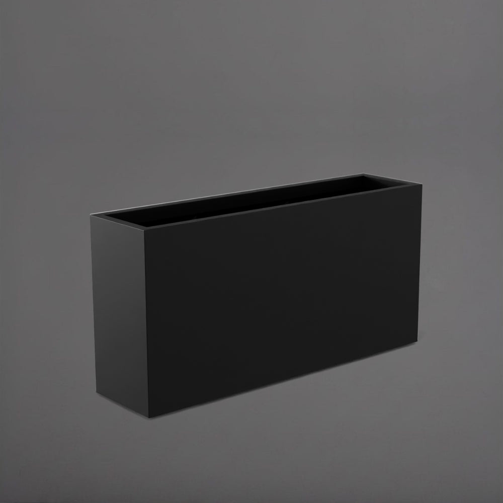 Hollywood Rectangle Fiberglass Planter in matte black against gray background.