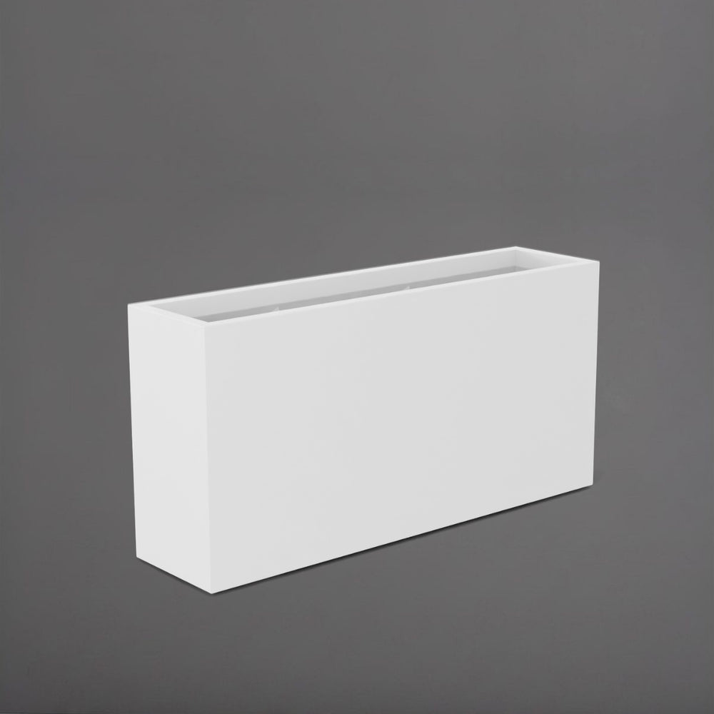 Hollywood Rectangle Fiberglass Planter in matte bright white against gray background.