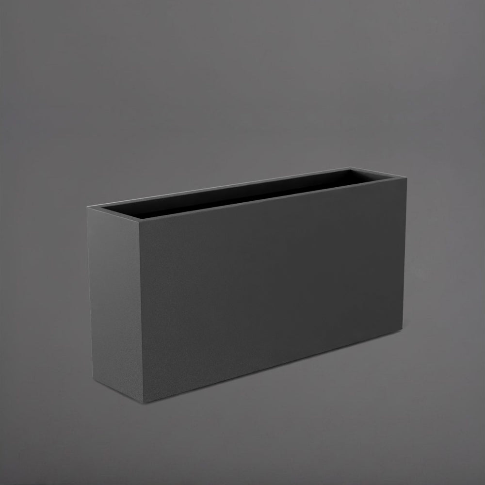 Hollywood Rectangle Fiberglass Planter in matte gunmetal against gray background.