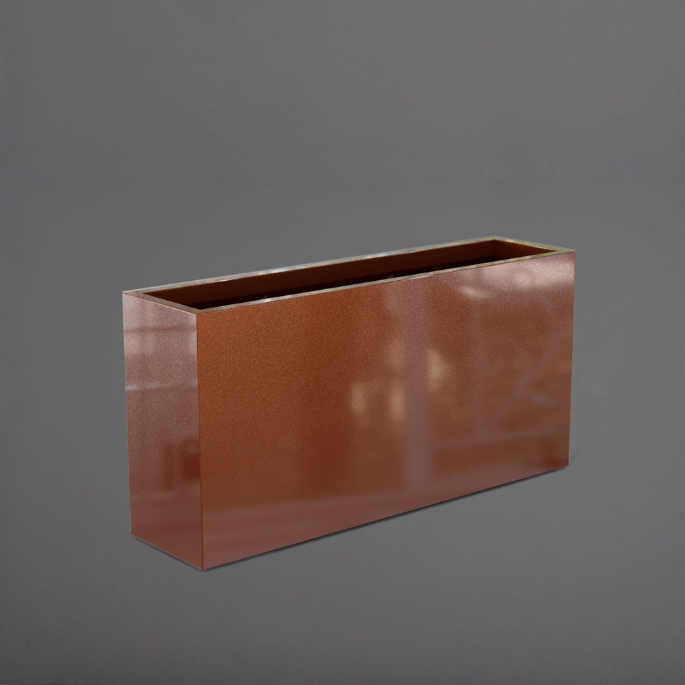 Hollywood Rectangle Fiberglass Planter in metallic bronze against gray background.