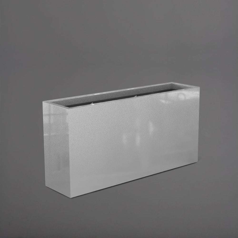 Hollywood Rectangle Fiberglass Planter in metallic silver against gray background.