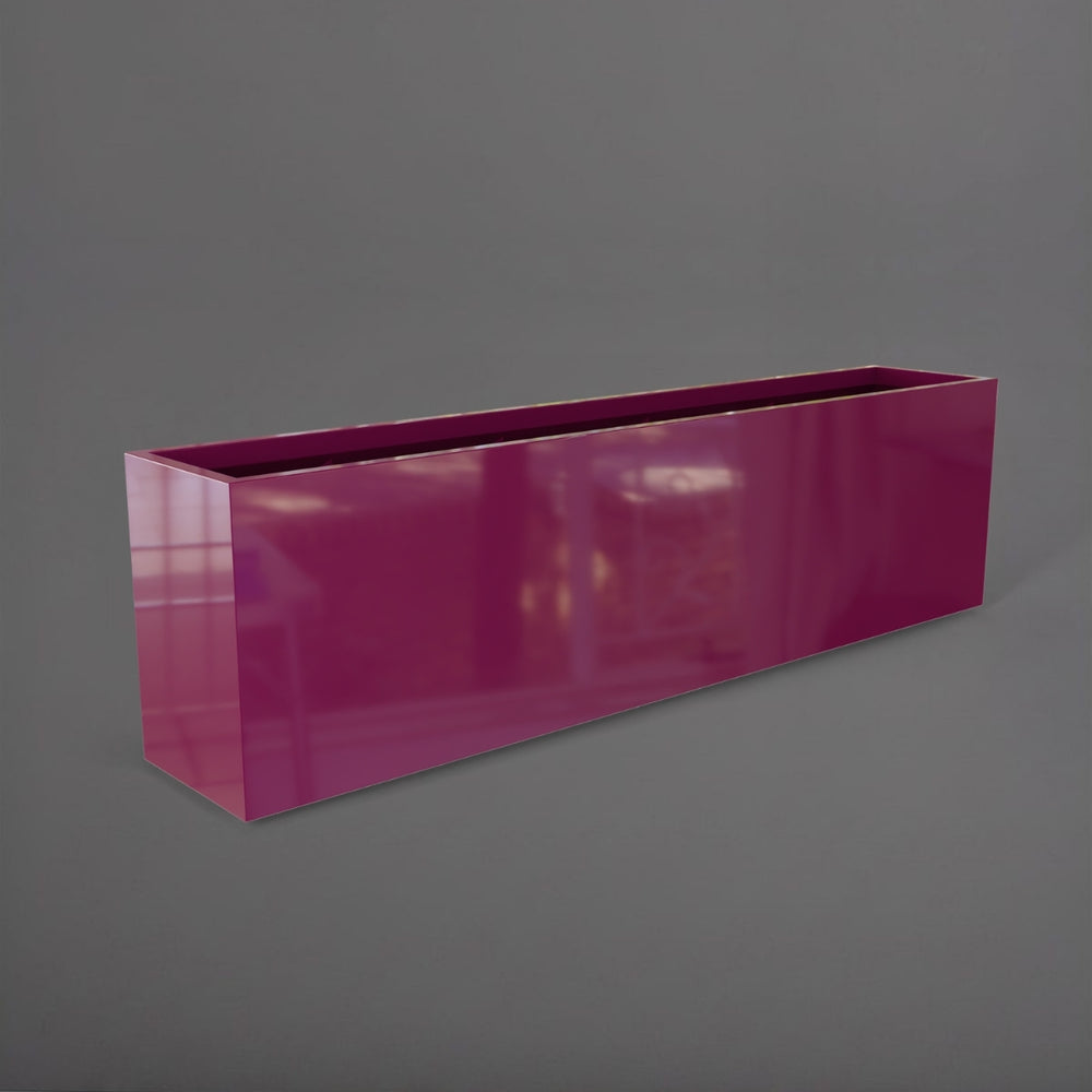 Hudson Extra Long Rectangle Fiberglass Planter in gloss eggplant against gray background.