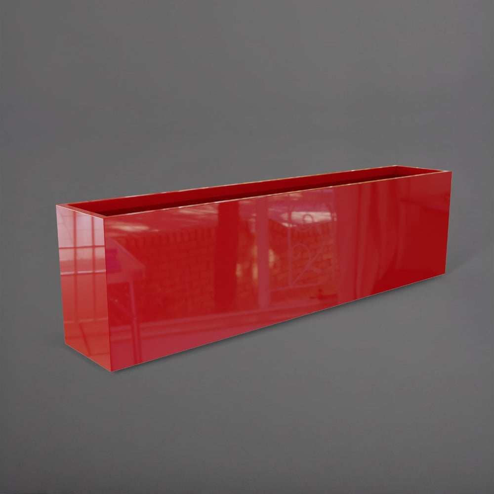 Hudson Extra Long Rectangle Fiberglass Planter in gloss red against gray background.