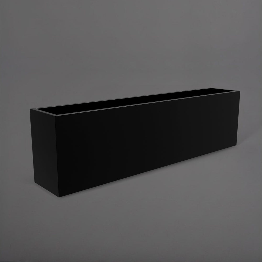 Hudson Extra Long Rectangle Fiberglass Planter in matte black against gray background.