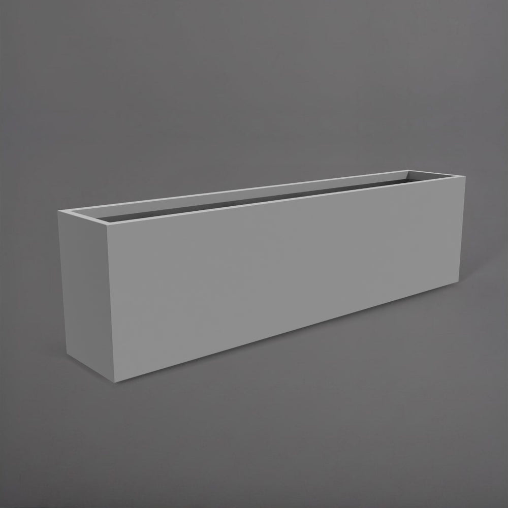 Hudson Extra Long Rectangle Fiberglass Planter in matte cement grey against gray background.