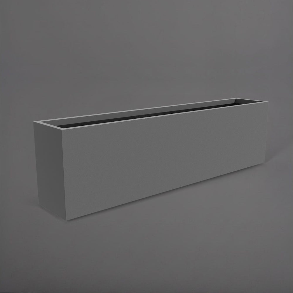 Hudson Extra Long Rectangle Fiberglass Planter in matte gunmetal against gray background.