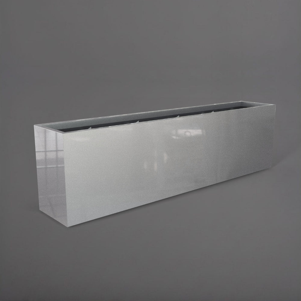 Hudson Extra Long Rectangle Fiberglass Planter in metallic silver against gray background.