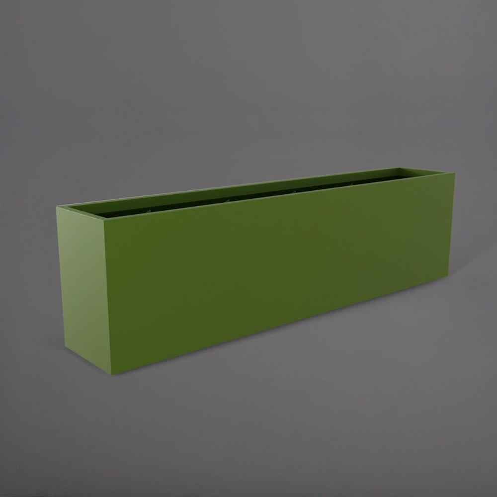 Hudson Extra Long Rectangle Fiberglass Planter in satin green against gray background.