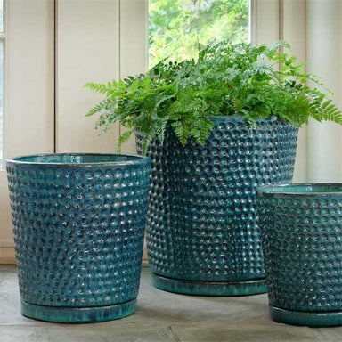 I/O Coin Pot Planter - Aqua - S/3 on concrete filled with plants