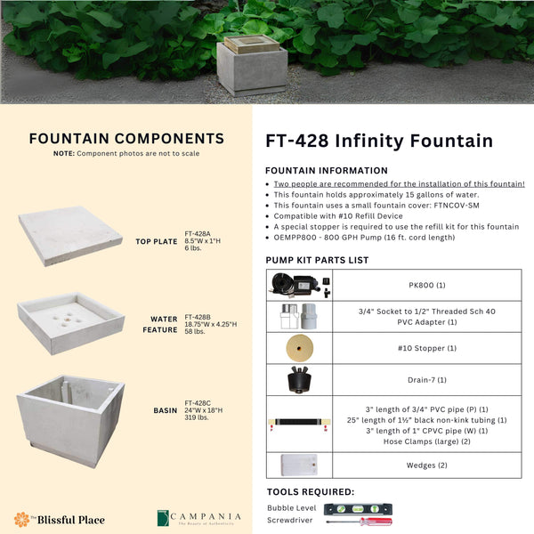 Complete overview of the Infinity Fountain with dimensions, weights, pump kit parts, tools, and general info.