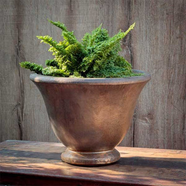 Jacqueline Urn Planter - Bronze - S/1 on table filled with plants