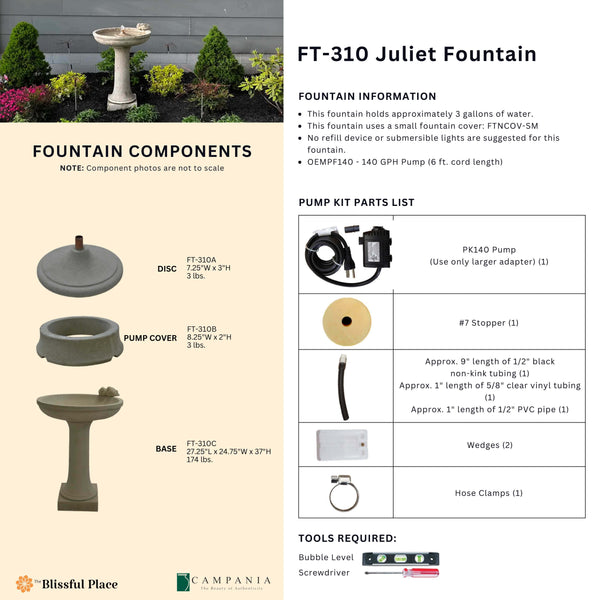 Complete overview of the Juliet Fountain with dimensions, weights, pump kit parts, tools, and general info.
